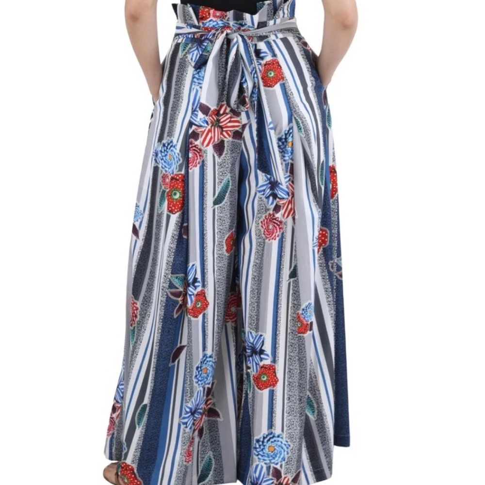 NWT Gracia Multicolor Floral Paper Bag Wide Leg Pants with front Tie & Pockets L